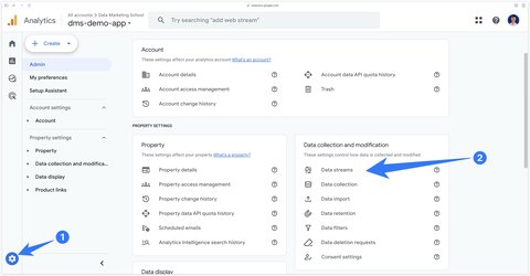 Admin > Data stream in GA4