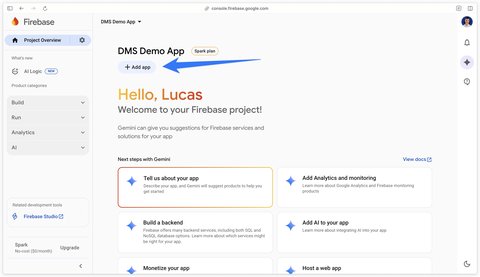 Button to add an app in the Firebase project