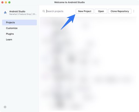 Button to create a new project in Android Studio