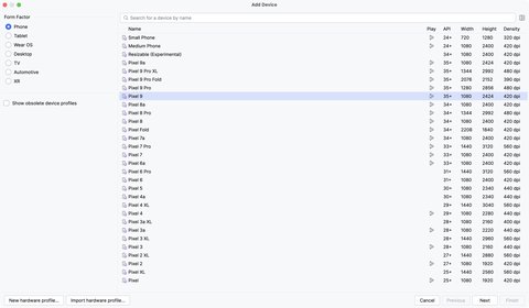 Adding the Pixel 9 device to Android Studio