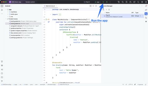 Button to run the app in Android Studio