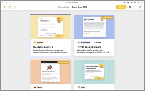 Cookie banner creation menu in Axeptio