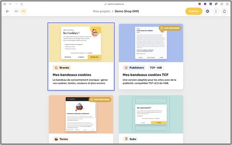 Menu de création d'une bannière cookie dans Axeptio