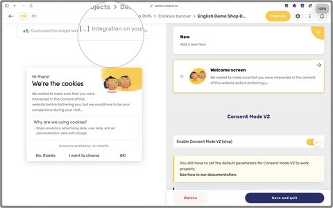 Button to display cookie banner integration settings.