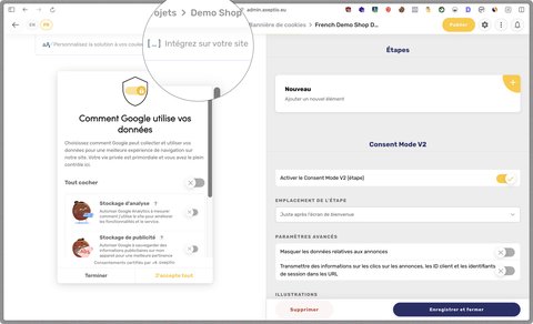 Bouton pour afficher les réglages d'intégration de la bannière.