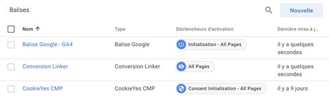 Conteneur avec le Consent Mode V2 en mode advanced avec Cookie Yes