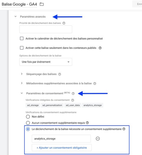 Blocage de la balise si le signal de consentement `analytics_storage` est à denied