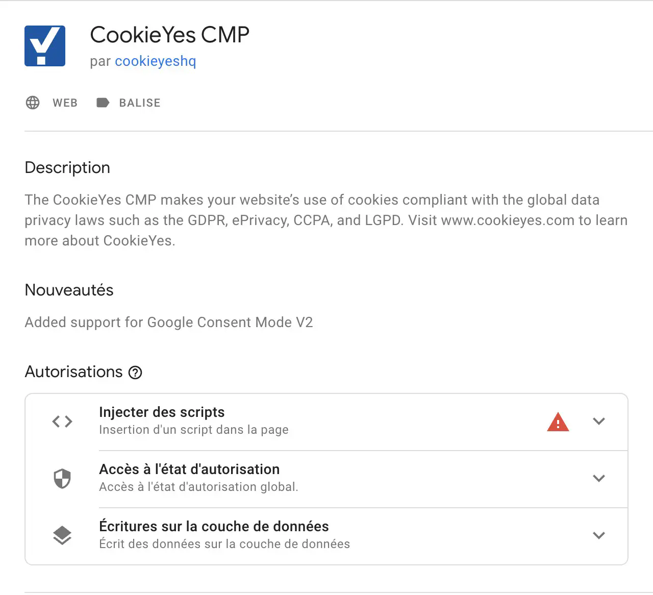 Ajout de la balise CookieYes CMP dans Google Tag Manager