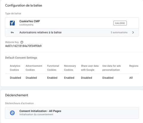 Configuration de la balise CookieYes CMP