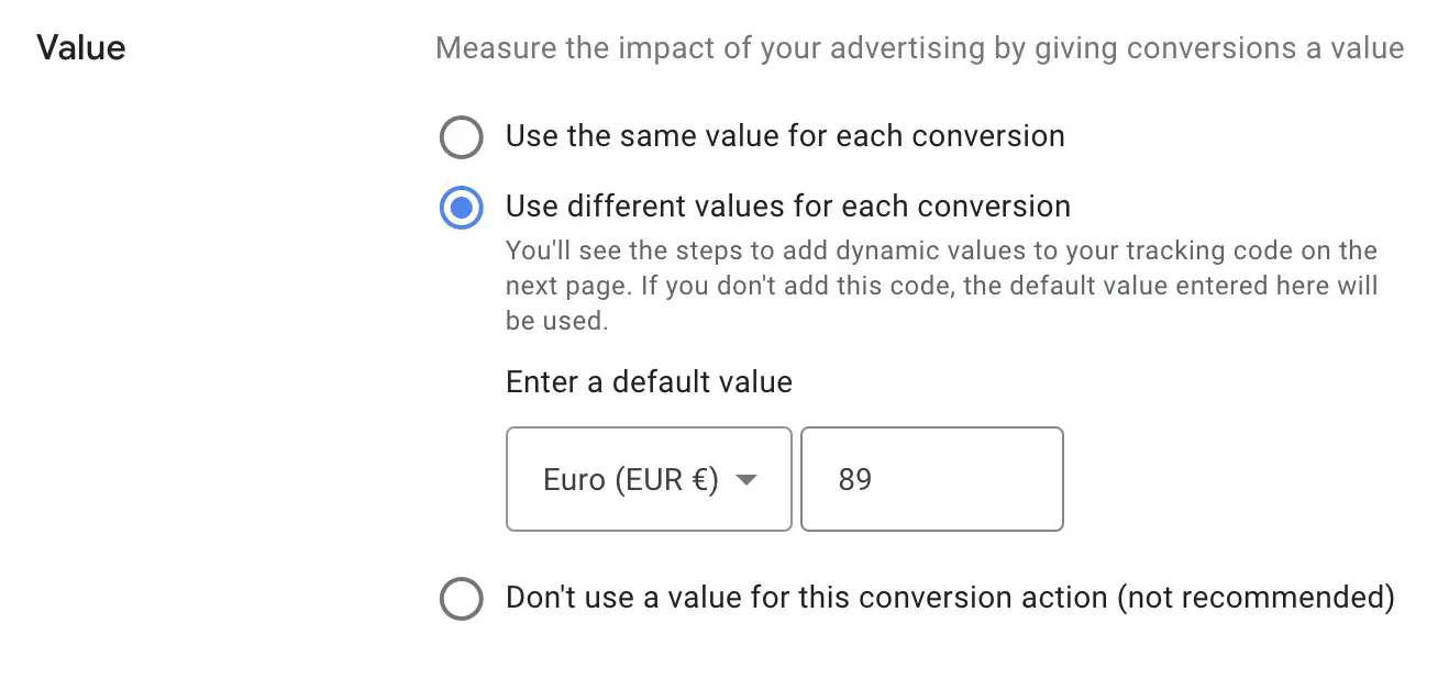 Valeur associée à la conversion