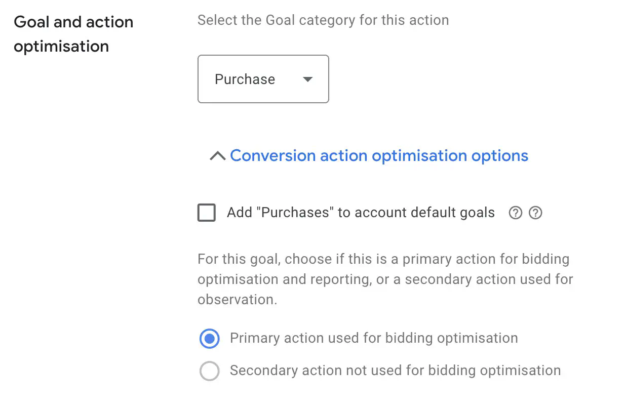 Goal and action optimisation settings