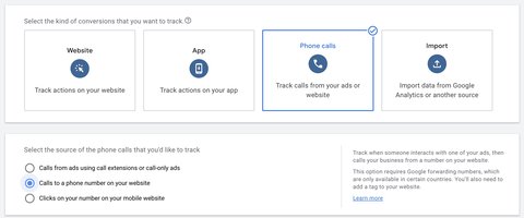 Conversion action creation for phone call on your website