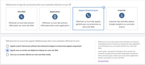 Création de l'action de conversion de l'appel sur le site web
