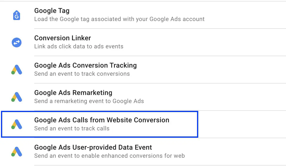 Google Ads Calls form Website Conversion tag