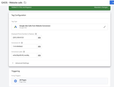 Google Ads Calls form Website Conversion tag configuration