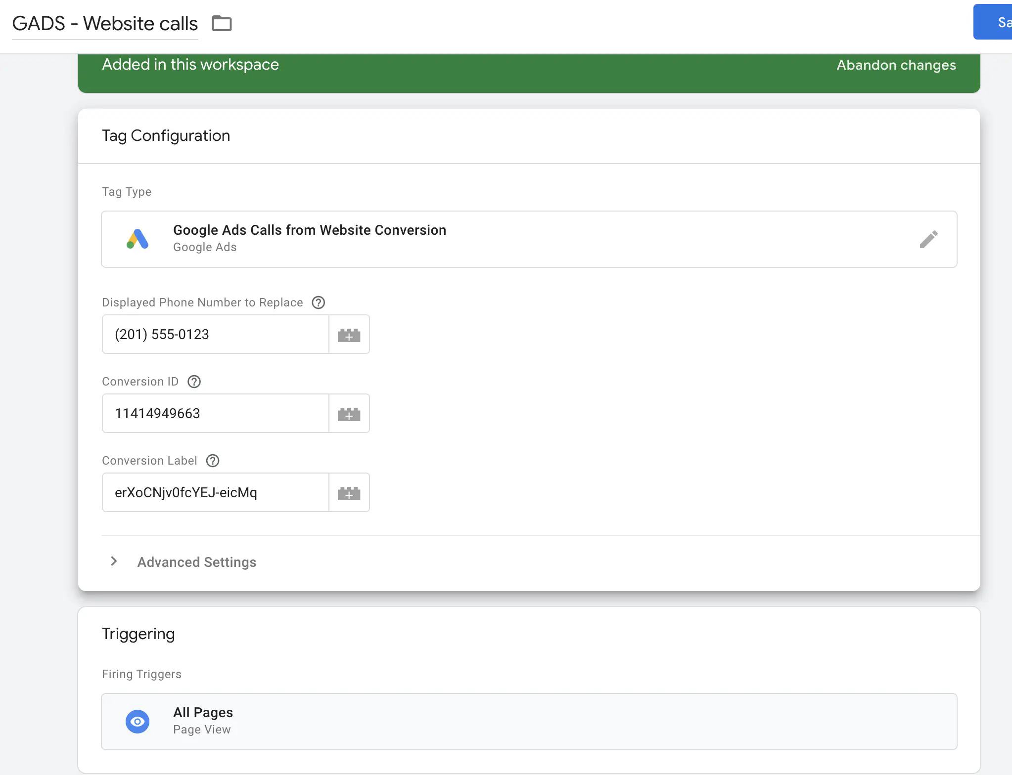 Google Ads Calls form Website Conversion tag configuration