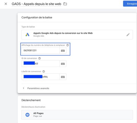 Configuration de la balise de suivi des appels sur le site web