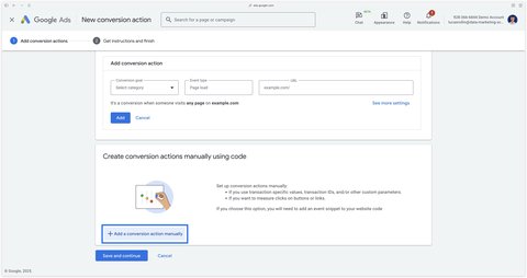 Bouton pour ajouter une action de conversion manuellement dans Google Ads