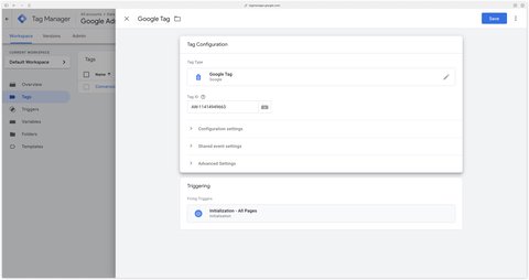 Google Tag configuré avec l'identifiant Google Ads