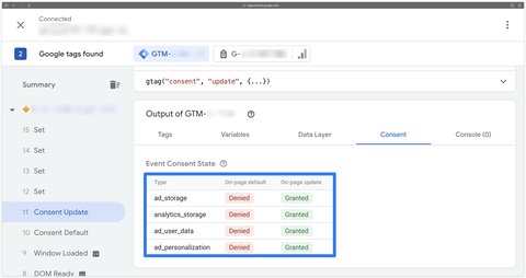 Signaux du Consent Mode V2 dans la preview GTM Web