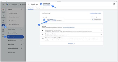 Chemin pour accéder à l'identifiant du Google Tag dans Google Ads