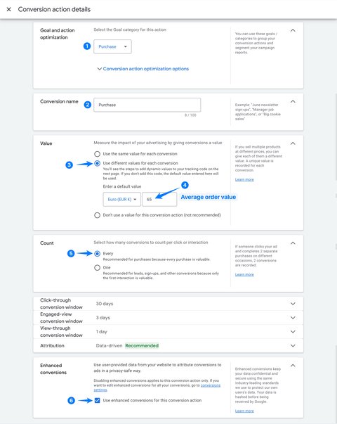 Configuration d'une action de conversion d'achat dans Google Ads