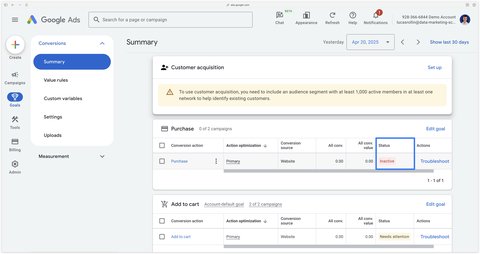 Statut Inactive d'une nouvelle action de conversion d'achat dans Google Ads