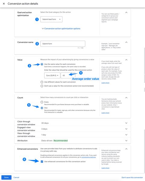 Configuration d'une action de conversion de soumission de formulaire dans Google Ads