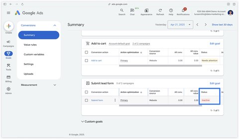 Statut Inactive d'une nouvelle action de conversion de soumission de formulaire dans Google Ads