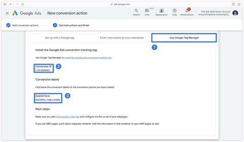 Soumission de formulaire : ID de conversion et libellé de conversion dans Google Ads
