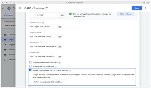 Case pour inclure des données utilisateurs dans un tag de conversion Google Ads