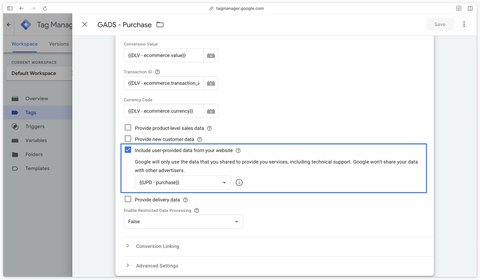 Sélection de la variable UPD dans le tag Google Ads Conversion Tracking