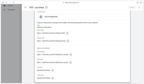 Configuration de la variable User-Provided Data pour activer le suivi avancé des conversions Google Ads