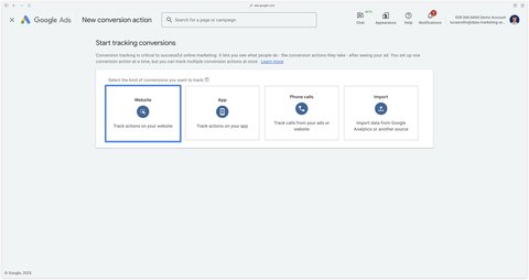 Sélection du type de conversion Website dans Google Ads
