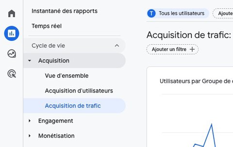 Menu qui permet d'accéder au rapport d'acquisition de trafic dans Google Analytics 4