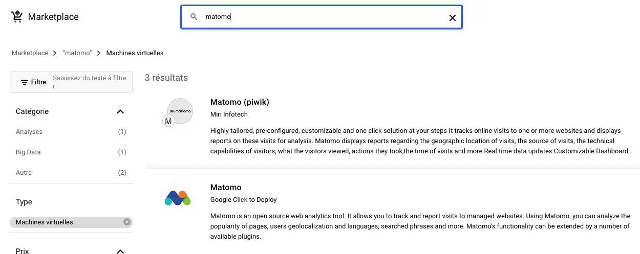 Recherche de Matomo dans la marketplace d'images de VM
