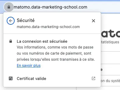 Matomo est accessible en HTTPS via le nom de domaine