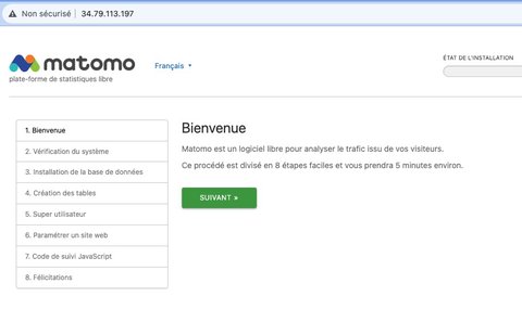 Matomo est accessible via l'adresse IP externe de l'instance de VM
