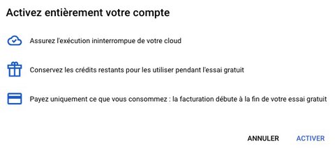 Pop-up de confirmation pour l'activation de votre compte de facturation payant