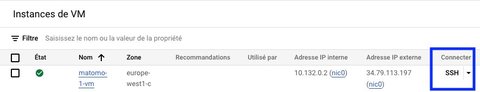 Bouton SSH pour accéder au terminal de la VM Matomo