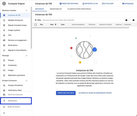 Menu des instances de VM dans Compute Engine