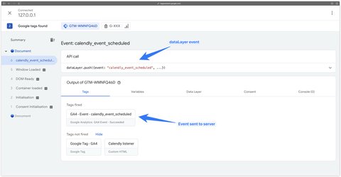 GTM Web preview to check that the calendly_event_scheduled event is pushed to the dataLayer and sent to the server
