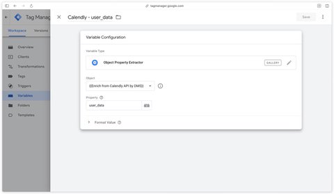 Object Property Extractor variable to extract user_data from the Calendly object