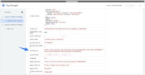 GTM Server preview to check that the calendly_event_scheduled event is received with the invitee_uri parameter
