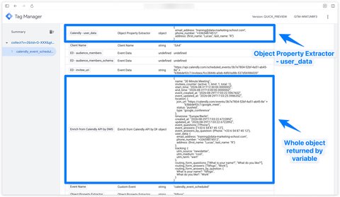 GTM Server preview to check that the Calendly variable is populated with the invitee's data