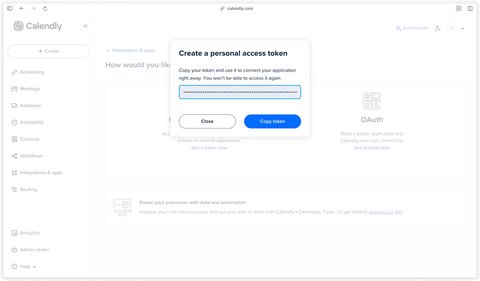 Personal Access Token copied in Calendly