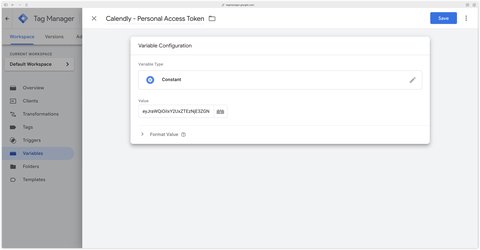 Personal Access Token pasted into the Calendly variable in GTM Server