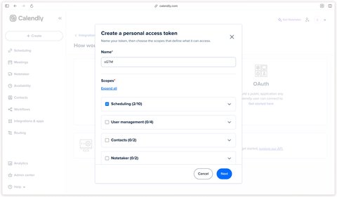 Selecting the Personal Access Token scopes in Calendly