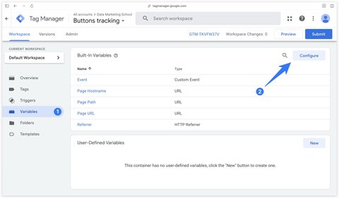 Bouton pour activer les variables intégrées dans GTM