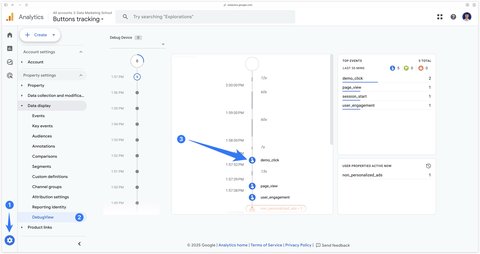 Vérification de la réception de l'événement demo_click dans la DebugView GA4